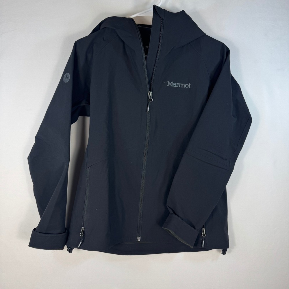 Marmot Womens Softshell Hooded Jacket Black Full Zip Stretch Small CC-950